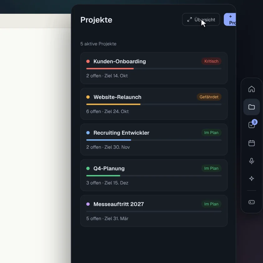 Projektliste mit Status, Fortschritt und Zieldatum